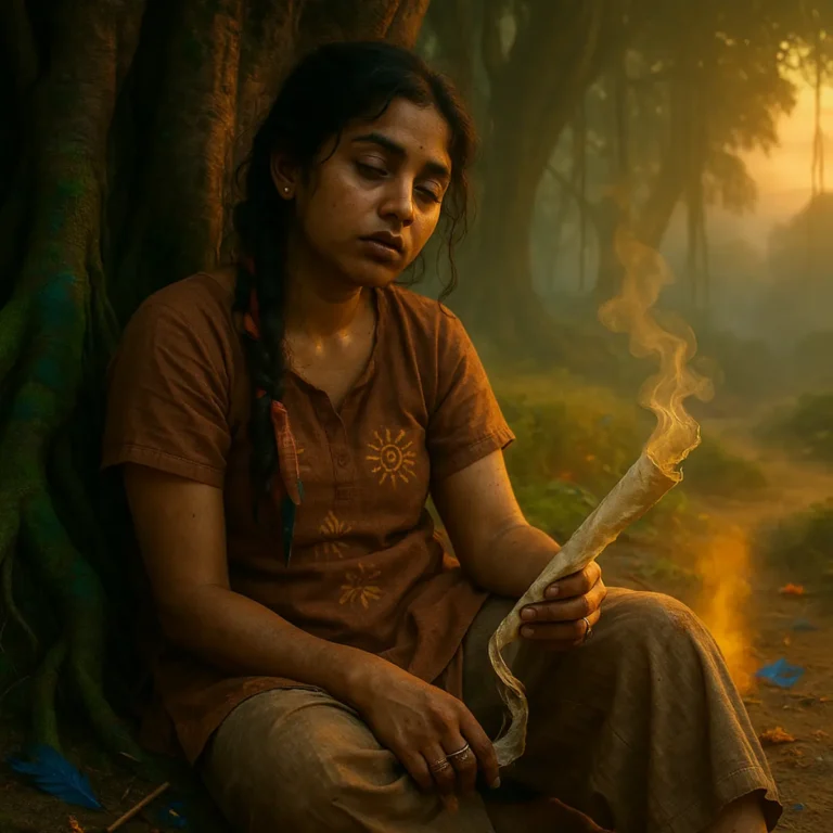 చెట్లు మధ్య అలసటగా కూర్చుని, చేతిలో కాలిపోతున్న పత్రాన్ని చూస్తూ మూర్ఛతో ఉన్న యువతి – నిద్రలేమితో మానసిక తలతికిమాలిని చూపించే దృశ్యం