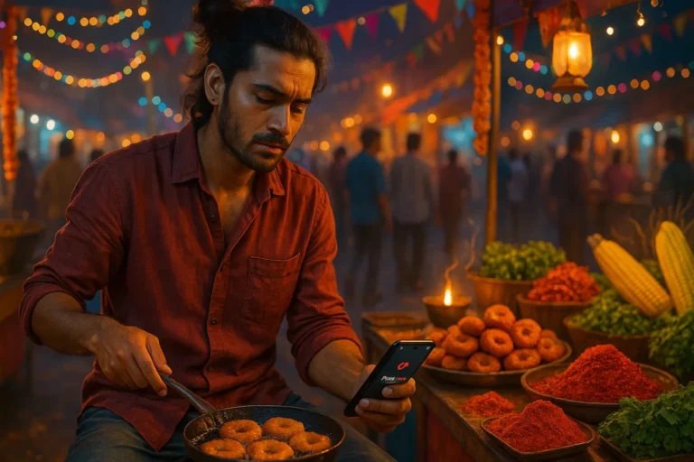 బజార్‌లో వడలు వేస్తూ, ఫోన్‌చూస్తూ అలసిన చూపుతో ఆలోచనల్లో మునిగిపోయిన యువకుడు – బిజీ బంధాల్లో మగ్గిపోతున్న భావోద్వేగం