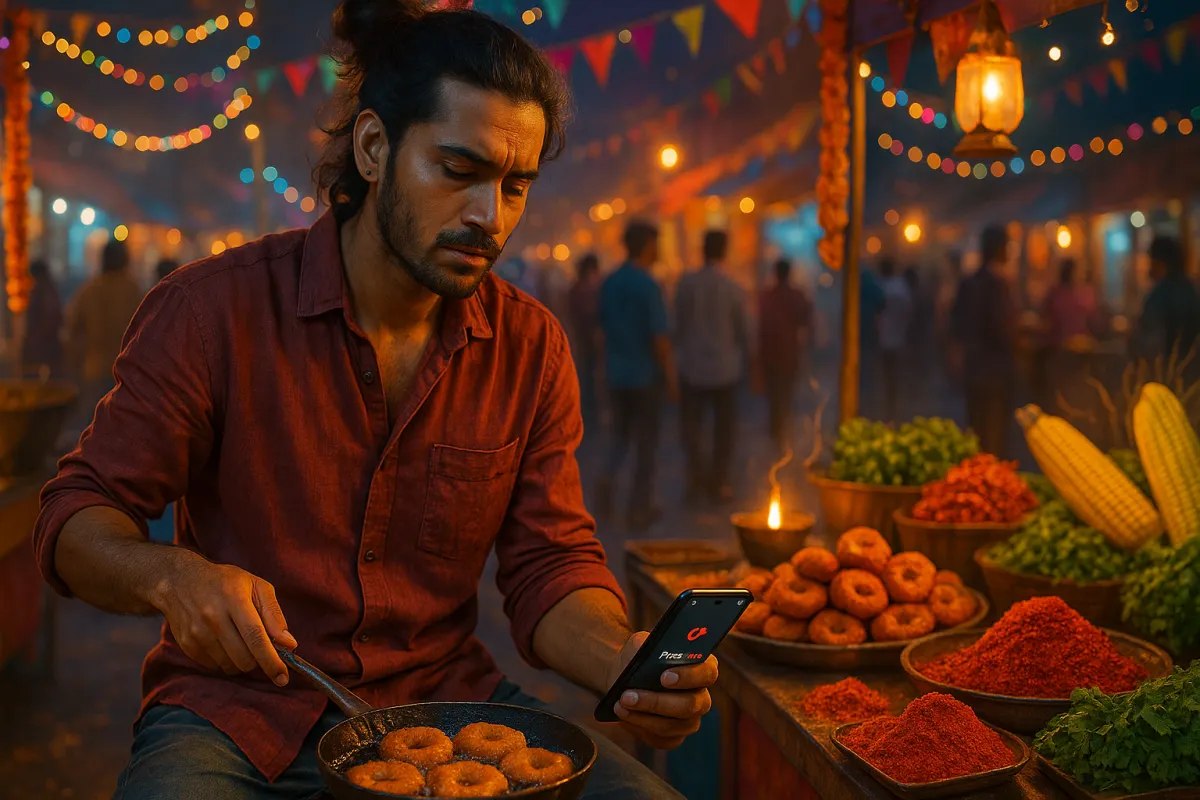 బజార్‌లో వడలు వేస్తూ, ఫోన్‌చూస్తూ అలసిన చూపుతో ఆలోచనల్లో మునిగిపోయిన యువకుడు – బిజీ బంధాల్లో మగ్గిపోతున్న భావోద్వేగం