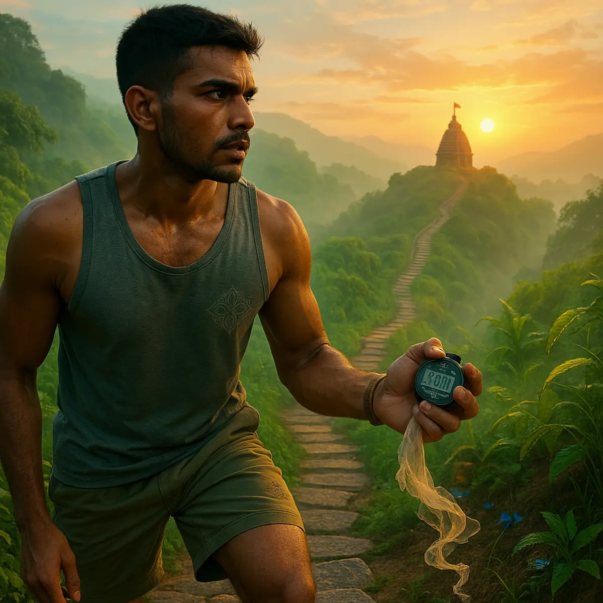 ఉదయపు సూర్యోదయం సమయంలో గమ్యం వైపు పరుగెత్తుతూ చేతిలో స్టాప్వాచ్ పట్టుకున్న యువకుడు ప్రతి రోజూ 10 నిమిషాల క్రమశిక్షణను ప్రతిబింబించే మూడ్