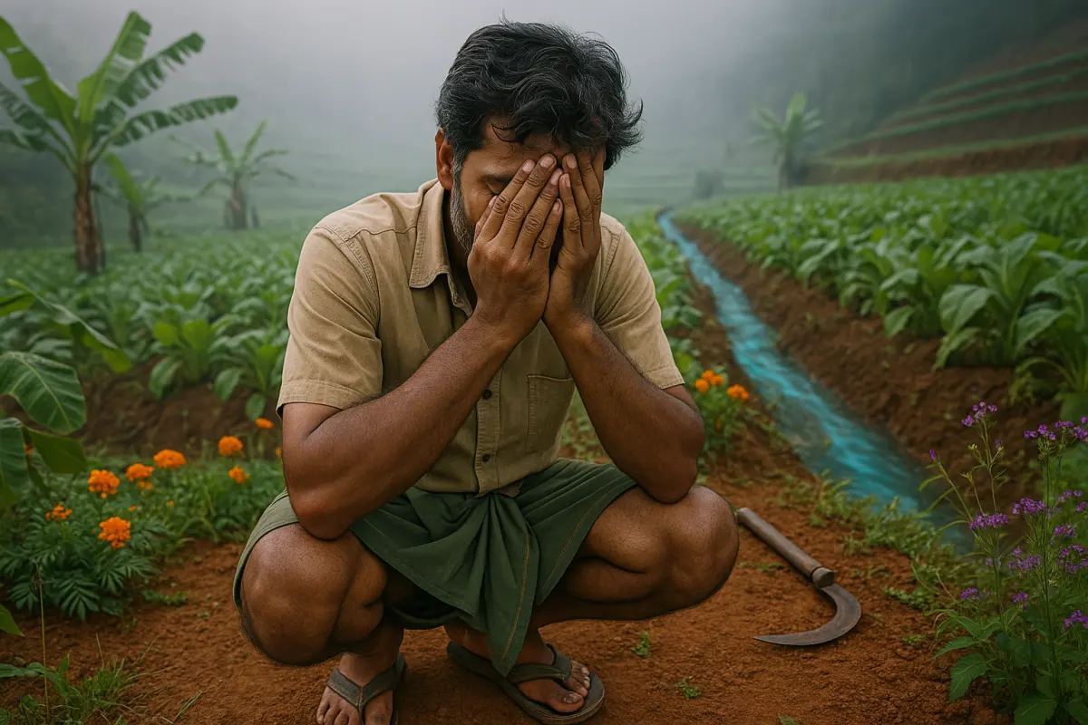 పచ్చటి పొలాల్లో కూర్చొని చేతులతో ముఖాన్ని కప్పుకుని భాధలో ఉన్న రైతు – హెల్ప్‌లెస్ ఫీలింగ్‌ను చూపించే భావోద్వేగ దృశ్యం