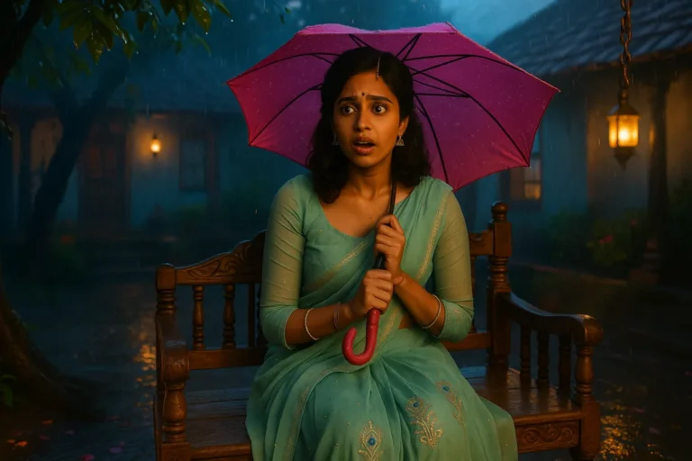 వర్షంలో గొడుగు పట్టుకుని బెంచ్‌పై కూర్చొని ఆశ్చర్యం, టెన్షన్ మూడ్‌తో ఎదురుచూస్తున్న యువతి – ఫస్ట్ మీట్ భయాన్ని సూచించే దృశ్యం