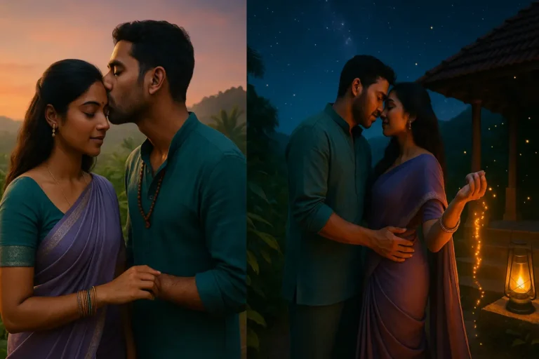 ఉదయపు ముద్దుతో ప్రేమను చూపిస్తున్న జంట, రాత్రి దీపాల వెలుగులో ఒక్కటవుతున్న దృశ్యం – ఉదయం ప్రేమ, రాత్రి దగ్గరతనాన్ని ప్రతిబింబించే మూడ్