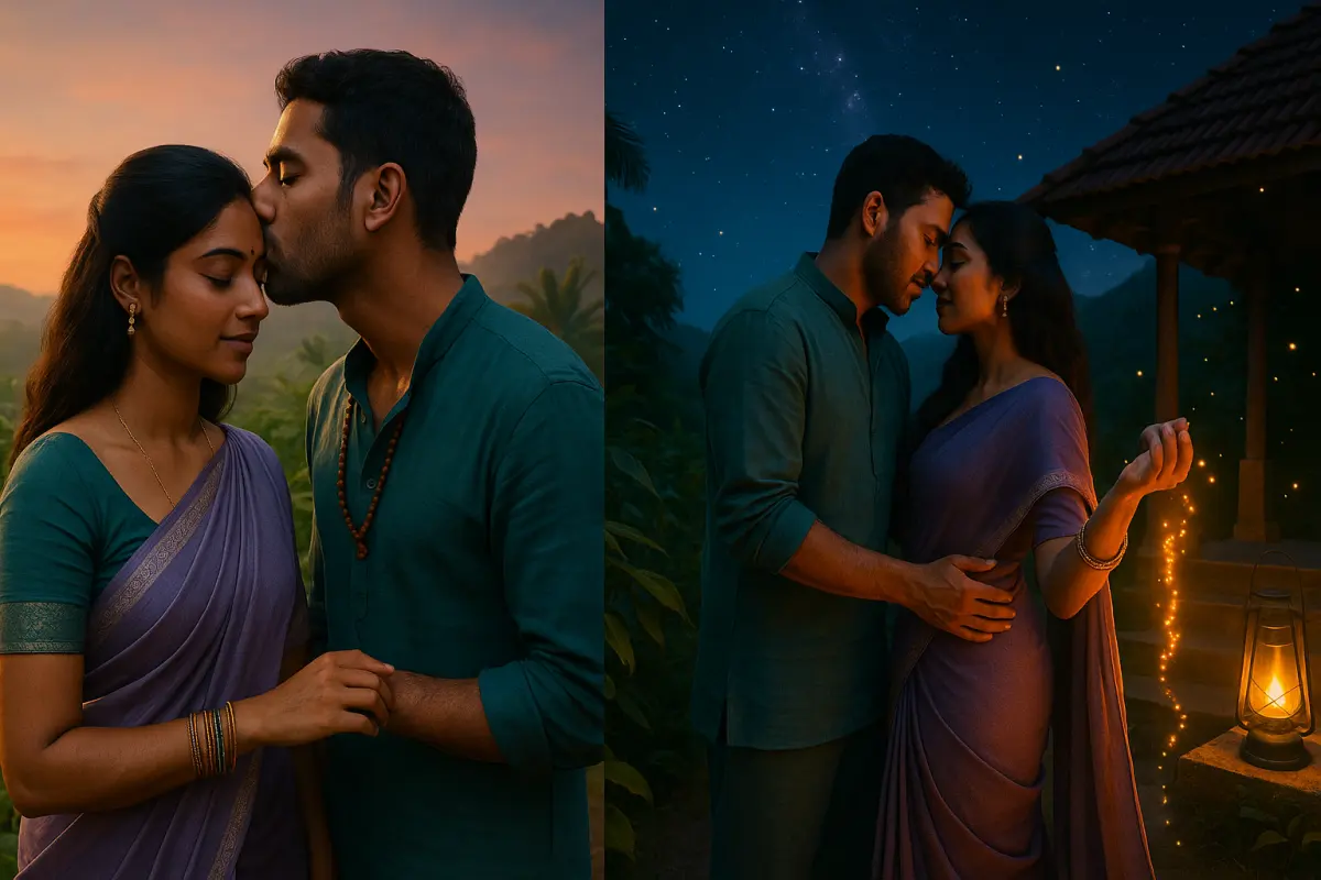 ఉదయపు ముద్దుతో ప్రేమను చూపిస్తున్న జంట, రాత్రి దీపాల వెలుగులో ఒక్కటవుతున్న దృశ్యం – ఉదయం ప్రేమ, రాత్రి దగ్గరతనాన్ని ప్రతిబింబించే మూడ్