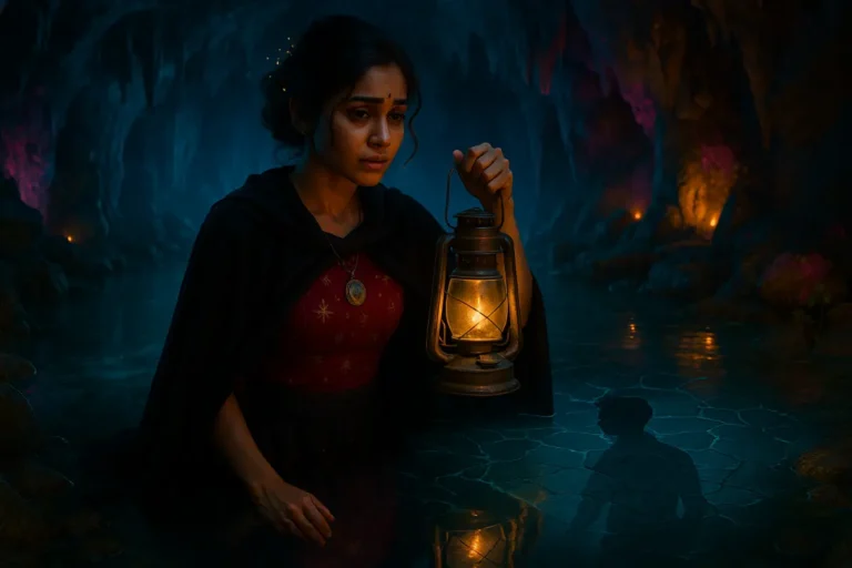 లాంతర్ పట్టుకుని నీటి పై కనిపించే తన ప్రేమికుడి నీడవైపు చూస్తూ విషాదంగా నిలబడి ఉన్న యువతి – ఎమోషనల్ మిస్‌యింగ్ మూడ్