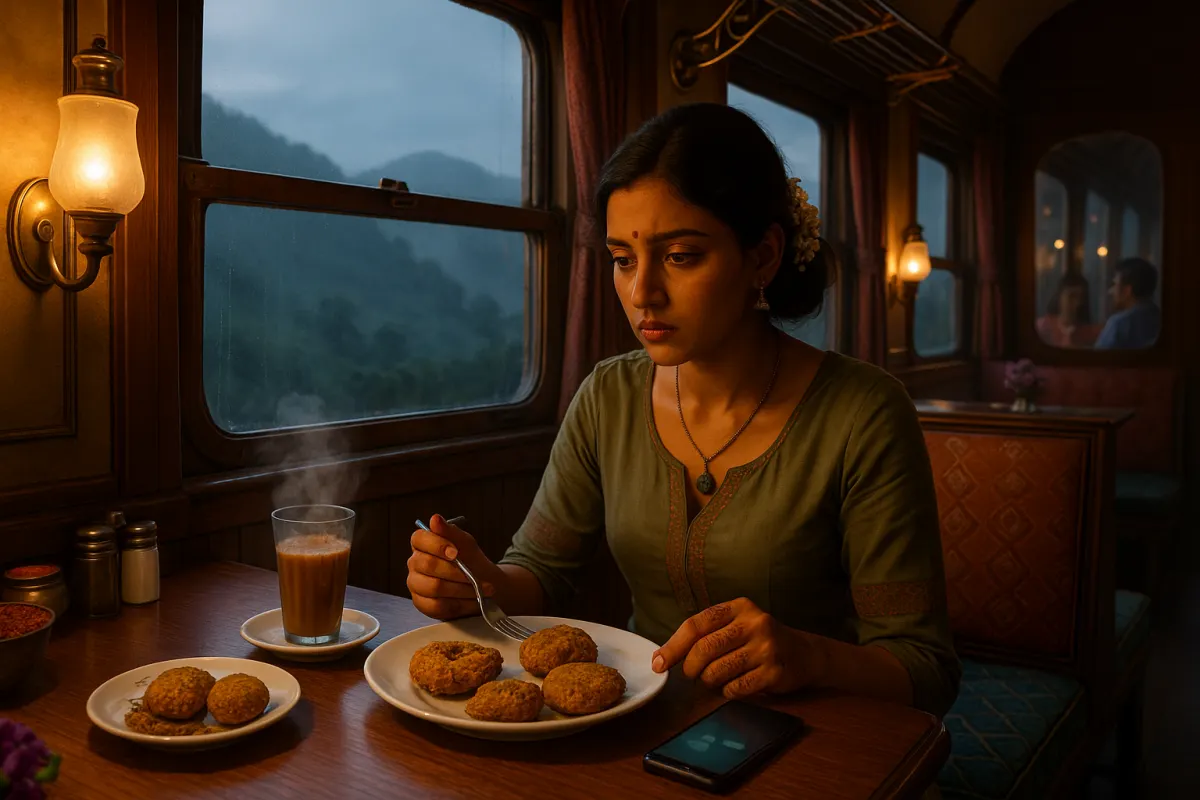 రైలు ప్రయాణంలో చాయ్‌తో పాటు నిదానంగా నిదానంగా తినేస్తూ, ఫోన్ స్క్రీన్‌లో సందేశం కోసం ఎదురుచూస్తున్న భావోద్వేగాల్లో ఉన్న యువతి