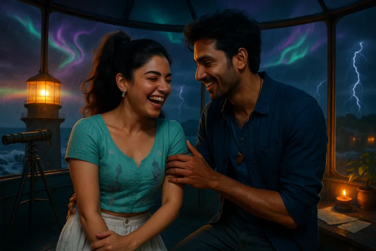 కాంతుల మద్యలో నవ్వుతూ మాట్లాడుతున్న యువ జంట — “మీరు ఎక్కువగా నవ్వుతారు” అనే చిన్న కామెంట్‌తో మొదలైన మధుర ఫ్లర్టింగ్ మూడ్