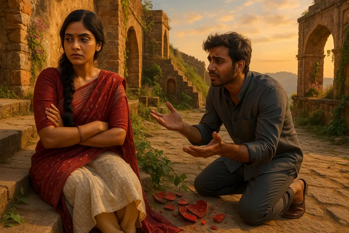 ముందు స్తంభించి మౌనంగా కూర్చున్న యువతి, పక్కనే క్షమాపణ చెబుతూ వేడుకుంటున్న యువకుడు — మధ్యలో పగిలిన హార్ట్ షేప్ దృశ్యం