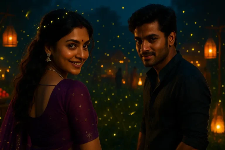 చిరునవ్వుతో వెనక్కి తిరిగి చూసే యువతి, ఫ్లర్ట్‌గా తలచూపిస్తూ ఆమెవైపు చూస్తున్న యువకుడు — రాత్రి కాంతుల మధ్య ఫ్లర్టింగ్ మూడ్