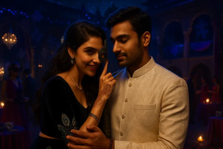 పార్టీ లైట్‌ల మధ్య మాస్క్ పట్టుకుని చిరునవ్వుతో ‘సీక్రెట్’గా చూస్తున్న అమ్మాయి, పక్కన ఉన్న అబ్బాయి పైన ప్రేమగా అటెన్షన్‌తో ఉన్న దృశ్యం