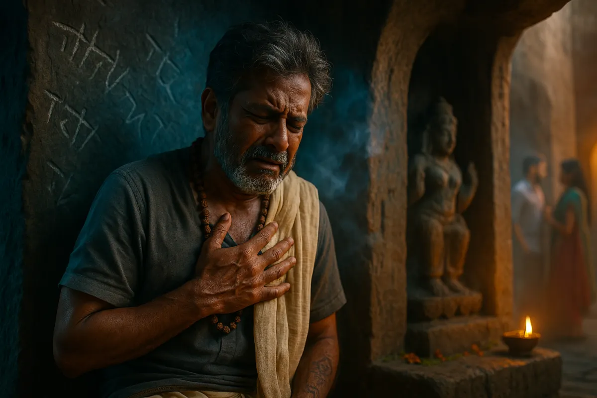 గొడవ సమయంలో చెప్పిన కఠిన మాటల బాధతో గుండె పట్టుకుని కూర్చున్న వృద్ధుడు – వెనక ఆలయంలో ఒక జంట మాట్లాడుతుండగా
