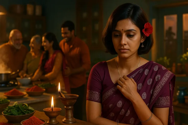 ఇంట్లో కుటుంబ సభ్యుల మధ్య సందడి నడుస్తున్నా, ఒక యువతి దీపాల వెలుగులో ఒంటరితనంతో నిలబడి ఉన్న భావోద్వేగపూరిత దృశ్యం