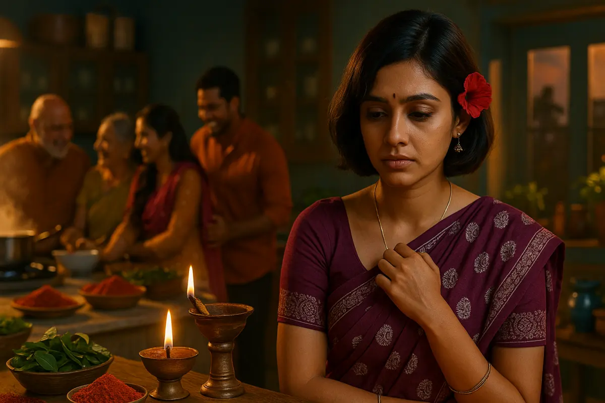 ఇంట్లో కుటుంబ సభ్యుల మధ్య సందడి నడుస్తున్నా, ఒక యువతి దీపాల వెలుగులో ఒంటరితనంతో నిలబడి ఉన్న భావోద్వేగపూరిత దృశ్యం