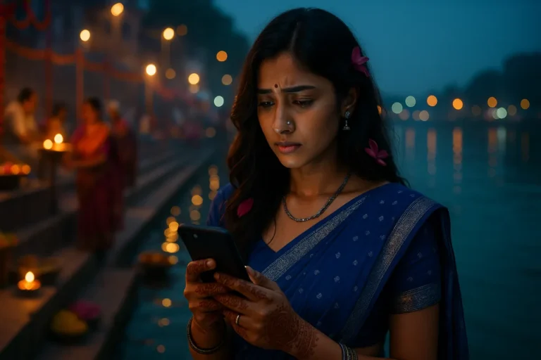 ఘాటైన భావాలతో ఫోన్‌లో చివరి మెసేజ్‌కి రిప్లై రాక నిరాశగా నిలబడి ఉన్న యువతి – మధ్య రాత్రి దీపాల మధ్య ఘాట్ బ్యాక్‌డ్రాప్‌తో