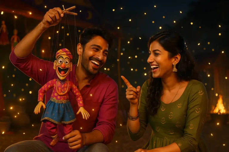 "తోలుబొమ్మ ఆట చేస్తున్న యువకుడు మరియు అతని పెర్ఫార్మెన్స్ చూసి నవ్వుతున్న అమ్మాయి"