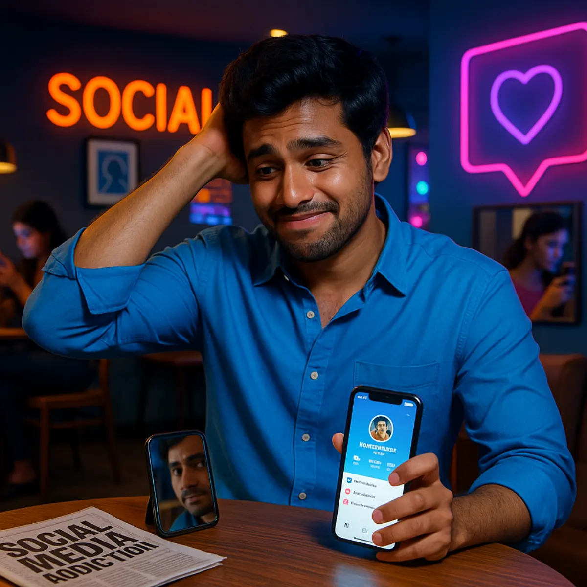కేఫ్‌లో కూర్చుని తన సోషల్ మీడియా ప్రొఫైల్ చూపిస్తూ నవ్వుతున్న వ్యక్తి, వెనుక "SOCIAL" నియాన్ సైన్ మరియు లవ్ రియాక్షన్ ఐకాన్‌లతో కూడిన వాతావరణంలో