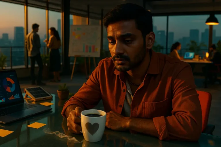 కాఫీ కప్‌ను చూస్తూ పనిలో ఉన్నప్పటికీ లోపల ఖాళీగా ఉన్న భావోద్వేగాలతో కూర్చున్న యువకుడు – ఆధునిక కార్యాలయంలో ఒంటరితనాన్ని చూపించే దృశ్యం