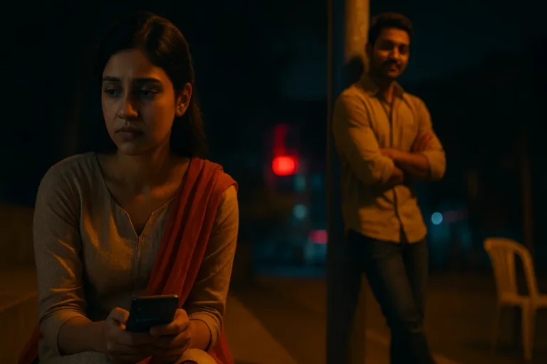 రాత్రి వేళల్లో ఫోన్ చూస్తూ దూరంగా కూర్చున్న అమ్మాయి, వెనుక నవ్వుతున్న అబ్బాయి కనిపిస్తున్న అసమాన ఎమోషనల్ డైనామిక్స్ దృశ్యం