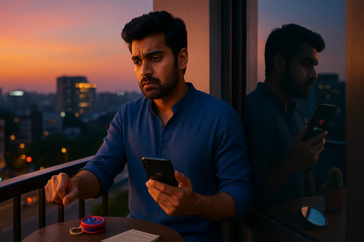 సూర్యాస్తమయ వేళల్లో బాల్కనీలో ఫోన్ చూస్తూ ఆలోచనలో మునిగిన వ్యక్తి, వెనుక గ్లాస్‌లో అతని రిఫ్లెక్షన్ కనిపిస్తున్న దృశ్యం