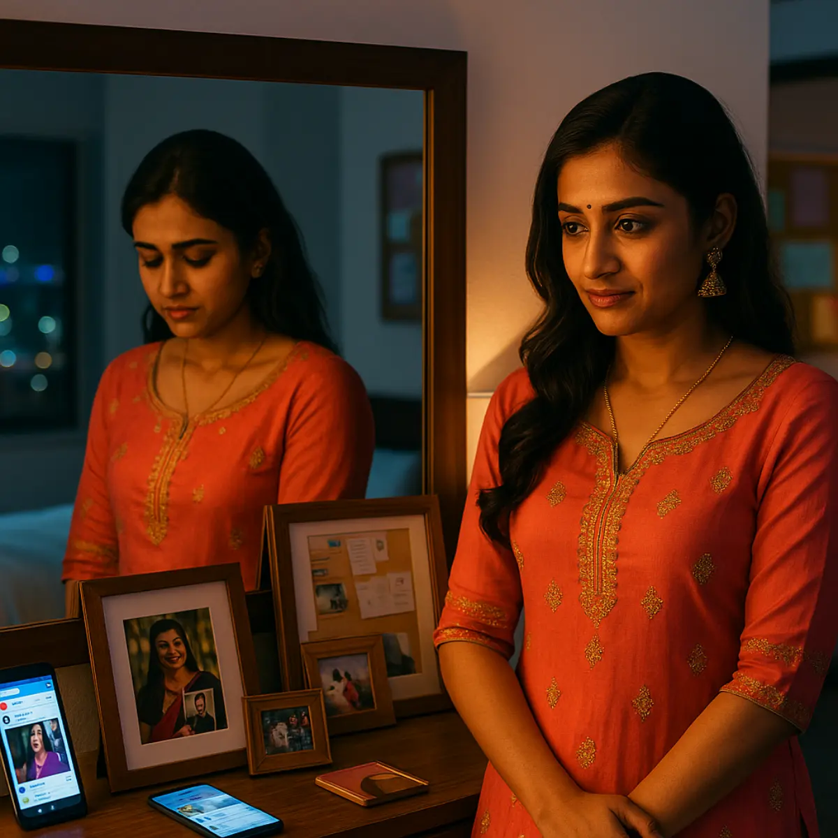 మిర్రర్ ముందు ఆలోచనలో మునిగి ఉన్న అమ్మాయి, చుట్టూ ఫ్రేమ్ చేసిన ఫోటోలు మరియు సోషల్ మీడియా స్క్రీన్‌లతో కూడిన రూమ్‌లో