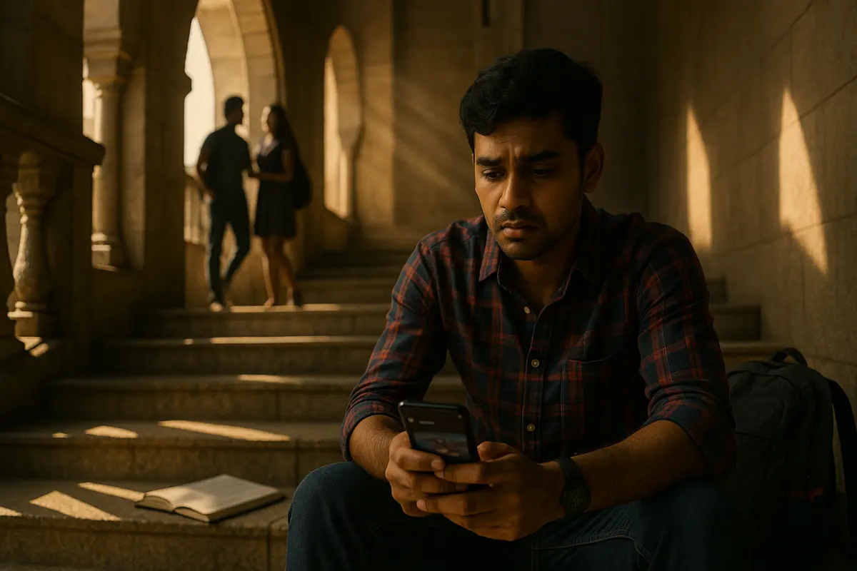 "సోషల్ మీడియా చూస్తూ బాధగా కూర్చున్న యువకుడు, వెనక సంతోషంగా మాట్లాడుతున్న జంట – కంపారిజన్ వల్ల సెల్ఫ్ వర్త్ డౌట్ అవుతున్న భావన"