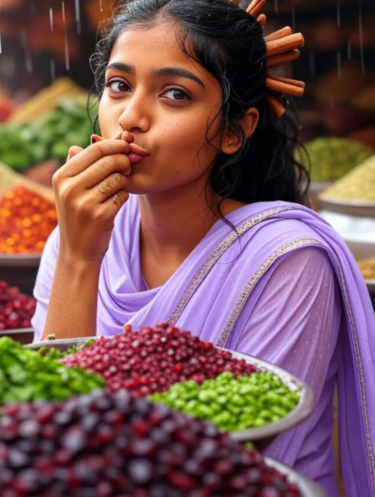 వెలుపు రంగు చీర కట్టుకున్న యువతి వర్షంలో వెజిటబుల్ మార్కెట్‌లో నిలబడి ఆలోచనాత్మకంగా చేతిని నోటికి దగ్గర పెట్టుకుని ఉన్న దృశ్యం, వెనుక రంగురంగుల కూరగాయలు మరియు పండ్లు