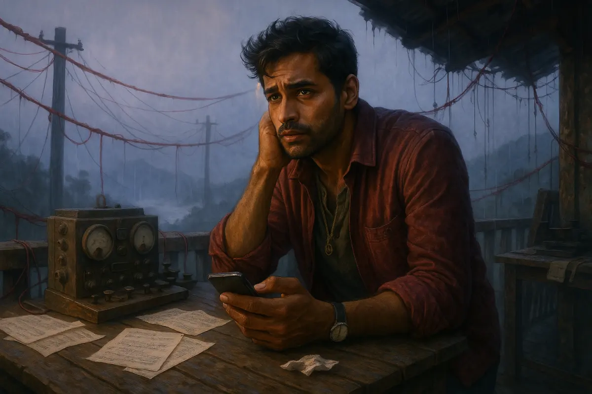 మెరూన్ రంగు చొక్కా వేసుకున్న యువకుడు తన చేతిని గడ్డం మీద వేసుకుని ఆలోచనాత్మకంగా కూర్చుని ఫోన్ చూస్తున్న దృశ్యం, వెనుక పాత రేడియో మరియు పేపర్లతో కూడిన విన్టేజ్ వర్క్‌స్పేస్