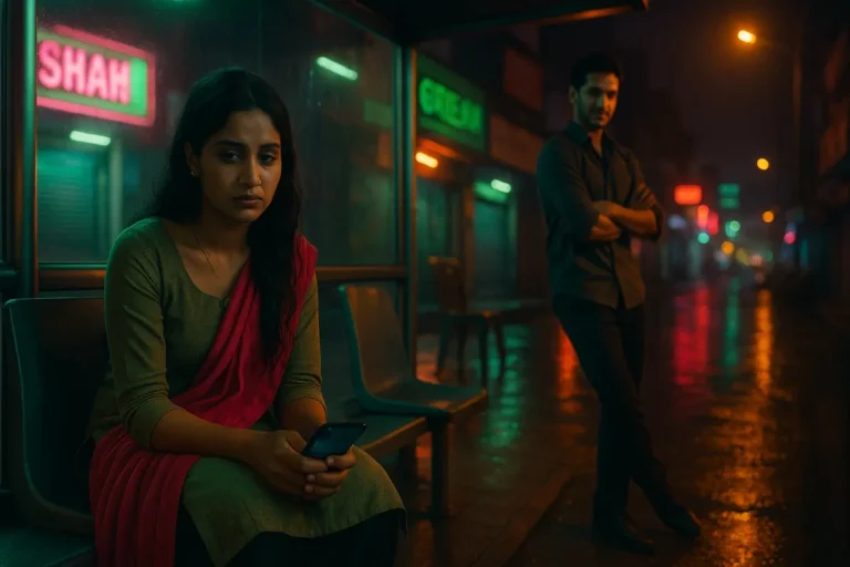 వర్షం తర్వాత రోడ్డు పక్కన బస్‌స్టాండ్‌లో కూర్చున్న యువతి, చేతిలో ఫోన్‌తో గందరగోళంగా ఉంది. వెనక నిల్చున్న వ్యక్తి షాడోగా కనిపిస్తూ, గ్యాస్‌లైటింగ్ పరిస్థితిని సూచిస్తున్న సీన్.
