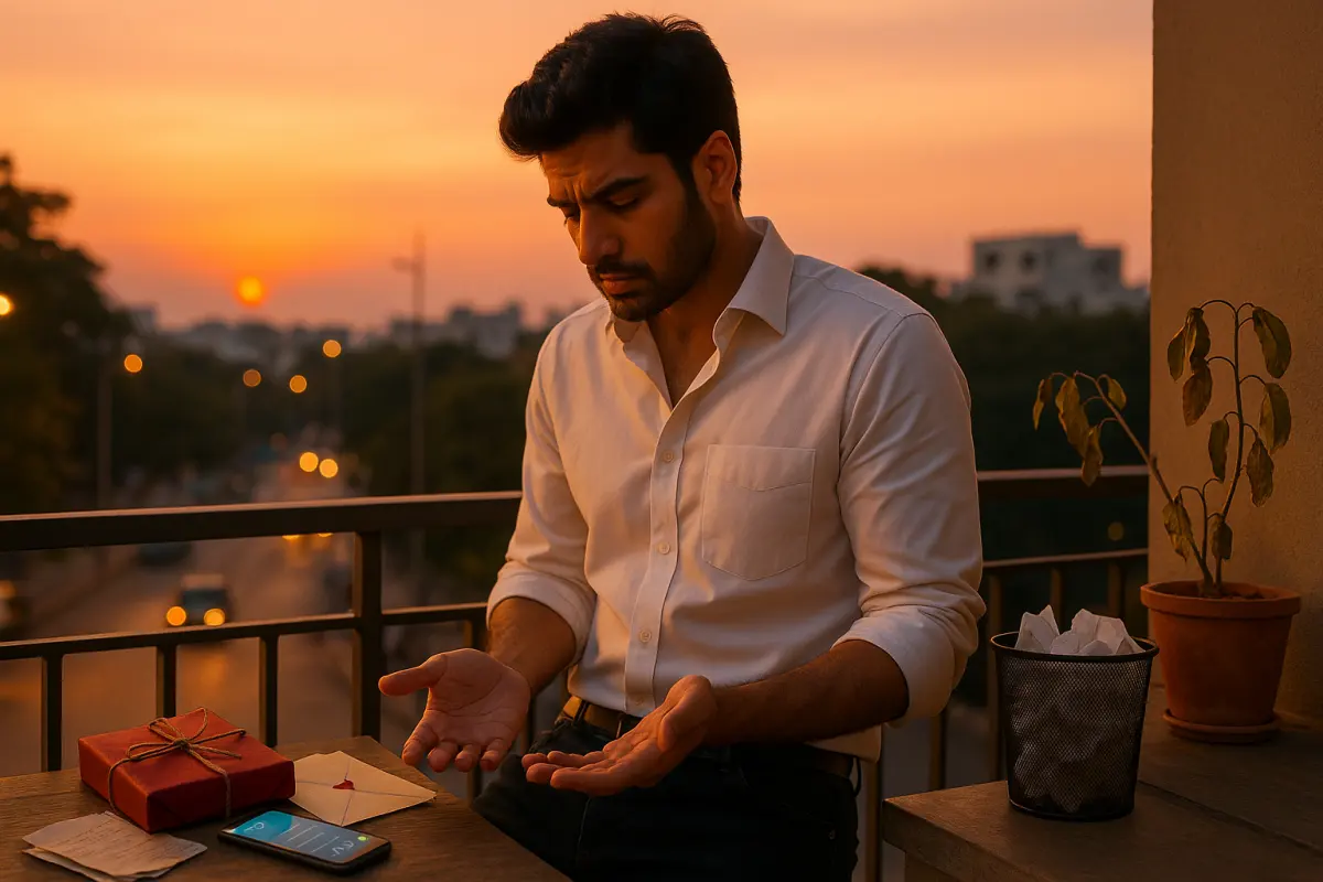 "సూర్యాస్తమయం సమయంలో బాల్కనీలో కూర్చుని నిరాశగా ఉన్న యువకుడు, టేబుల్‌పై గిఫ్ట్, లేఖ, ఫోన్ – అప్రూవల్ కోసం వేస్ట్ అయిన ఎఫర్ట్ సింబల్"