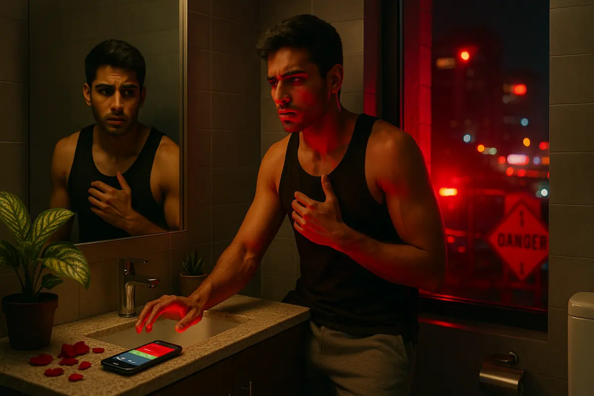 "రాత్రి రెడ్ లైట్‌లో ఫోన్ కాల్ చూస్తూ కన్‌ఫ్యూజ్ అయిన యువకుడు, అద్దంలో భయపడి తనని తానే చూడటం – టాక్సిక్ అట్రాక్షన్ ఎమోషనల్ కన్ఫ్యూజన్"