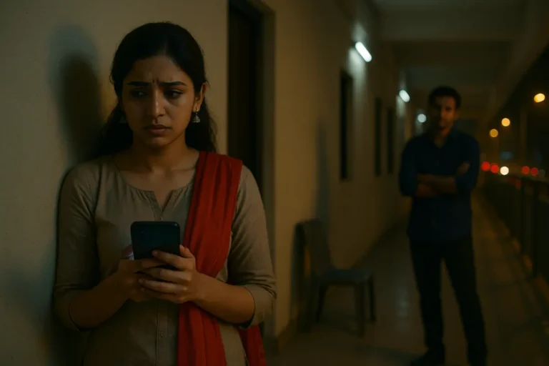 "మొబైల్ చూస్తూ టెన్షన్‌తో నిల్చున్న యువతి, వెనుక షాడోలో ఉన్న వ్యక్తి – ఎమోషనల్ గ్యాస్‌లైటింగ్ సింబల్"