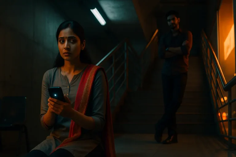 "మొబైల్ చూస్తూ డౌట్‌లో కూర్చున్న అమ్మాయి, వెనుక షాడోలో ఉన్న వ్యక్తి – ఎమోషనల్ ట్రాప్ అనుమానం"