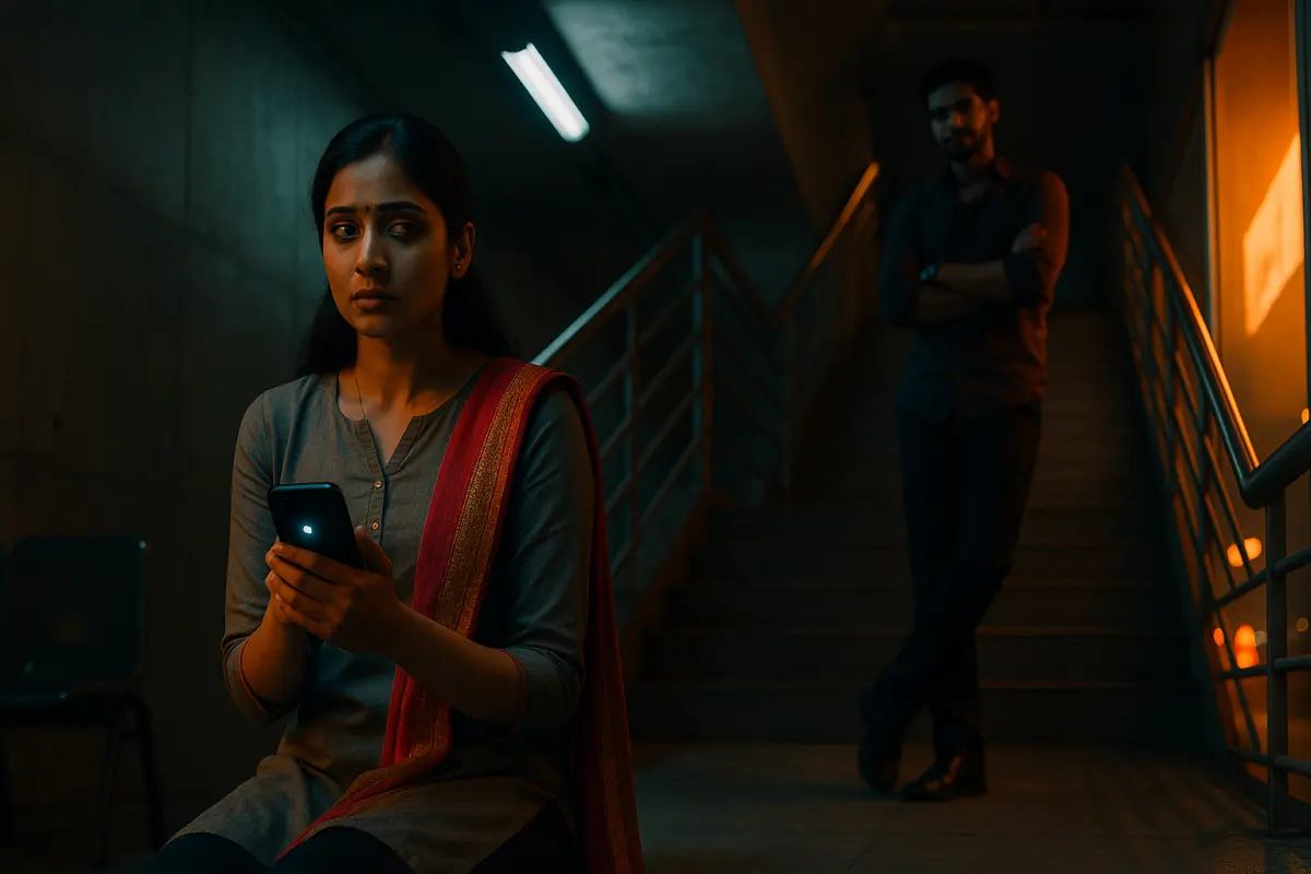 "మొబైల్ చూస్తూ డౌట్‌లో కూర్చున్న అమ్మాయి, వెనుక షాడోలో ఉన్న వ్యక్తి – ఎమోషనల్ ట్రాప్ అనుమానం"