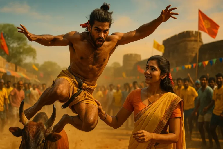 పసుపు రంగు దుస్తులు వేసుకున్న యువకుడు ఎద్దు మీదుగా జంప్ చేస్తూ, అతని చేతిని పట్టుకున్న సాడీ కట్టుకున్న అమ్మాయితో సహా జల్లికట్టు వేడుకల వేదికలో కనిపిస్తున్న విజయోత్సవ దృశ్యం