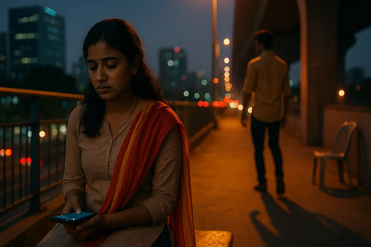 "రాత్రి సిటీ లైట్స్ మధ్య మొబైల్ పట్టుకుని బాధగా కూర్చున్న యువతి, వెనకన నడుచుకుంటూ వెళ్తున్న వ్యక్తి – వాళ్ల షాడోలో తక్కువగా ఫీల్ అవుతున్న భావన"