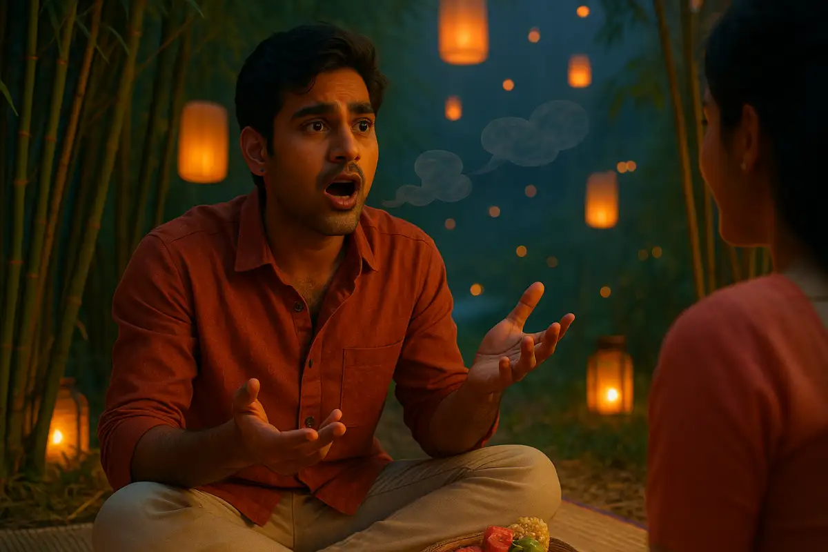 ఎరుపు రంగు చొక్కా వేసుకున్న యువకుడు హ్యాండ్ జెస్చర్లతో ఉత్సాహంగా మాట్లాడుతూ, వెనుక దీపాలు వెలుగుతున్న రొమాంటిక్ సెట్టింగ్‌లో కూర్చుని ఉన్న దృశ్యం