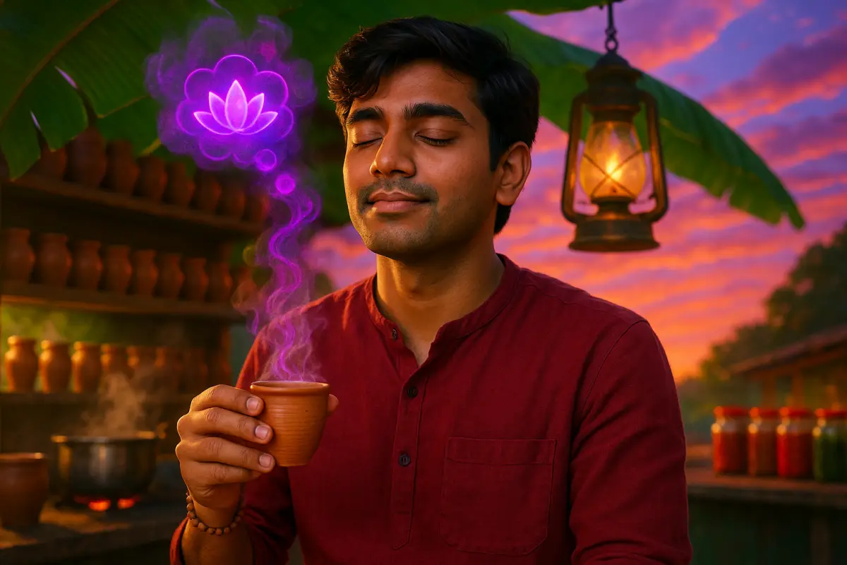 మెరూన్ రంగు కుర్తా వేసుకున్న యువకుడు కళ్ళు మూసుకుని ప్రశాంతంగా చాయ్ తాగుతున్న దృశ్యం, వెనుక వెలుగుతున్న లోటస్ సింబల్ మరియు లాంతరుతో కూడిన మెడిటేటివ్ వాతావరణంలో