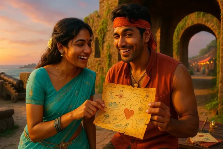 సన్నిహితంగా నవ్వుకుంటున్న యువ జంట, ఒక హార్ట్-సింబల్ ఉన్న మ్యాప్‌ను చూపిస్తూ ప్రేమకి దారి చూపుతున్న ఫ్లర్ట్‌ఫుల్ మూడ్‌లో కనిపిస్తున్నారు.