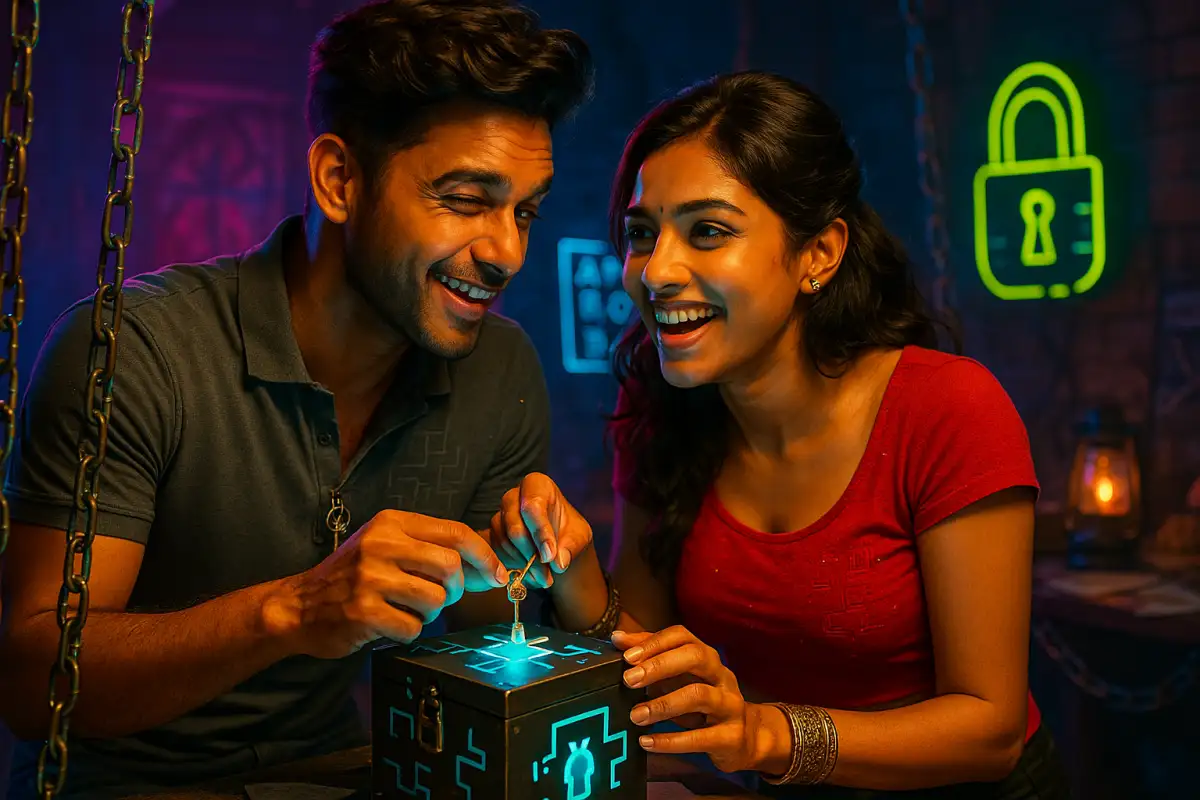 ఆకుపచ్చ చొక్కా వేసుకున్న అబ్బాయి మరియు ఎరుపు టాప్ వేసుకున్న అమ్మాయి కలిసి వెలుగుతున్న పజిల్ బాక్స్‌తో ఆట ఆడుతూ నవ్వుతున్న దృశ్యం, వెనుక నియాన్ లాక్ సింబల్ మరియు చేన్స్ కనిపిస్తున్న సైబర్ వేదిక