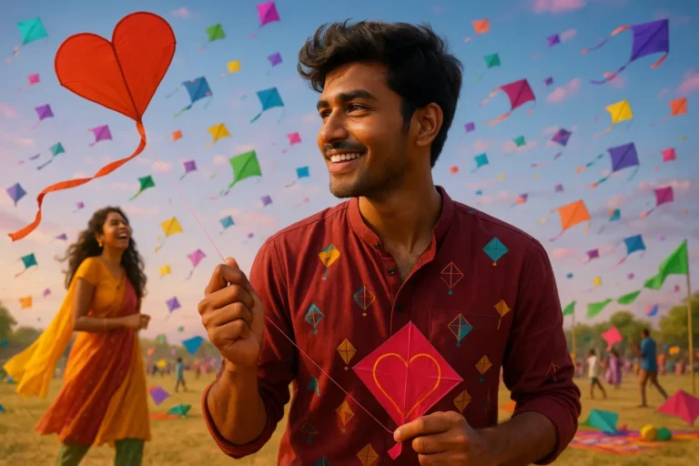 మెరూన్ రంగు చొక్కా వేసుకున్న అబ్బాయి హృదయ ఆకార గాలిపటను పట్టుకుని నవ్వుతున్న దృశ్యం, వెనుక పసుపు దుస్తులు వేసుకున్న అమ్మాయి మరియు రంగురంగుల గాలిపటలతో కూడిన పండుగ