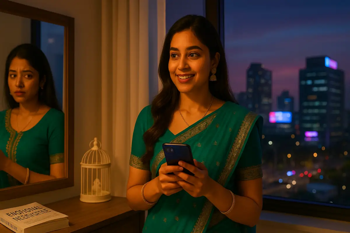 ఫోన్ చూస్తూ నవ్వుతున్న అమ్మాయి మరియు వెనుక మిర్రర్‌లో కనిపిస్తున్న ఆమె రిఫ్లెక్షన్, రాత్రి వేళల అపార్ట్‌మెంట్ సెట్టింగ్‌లో