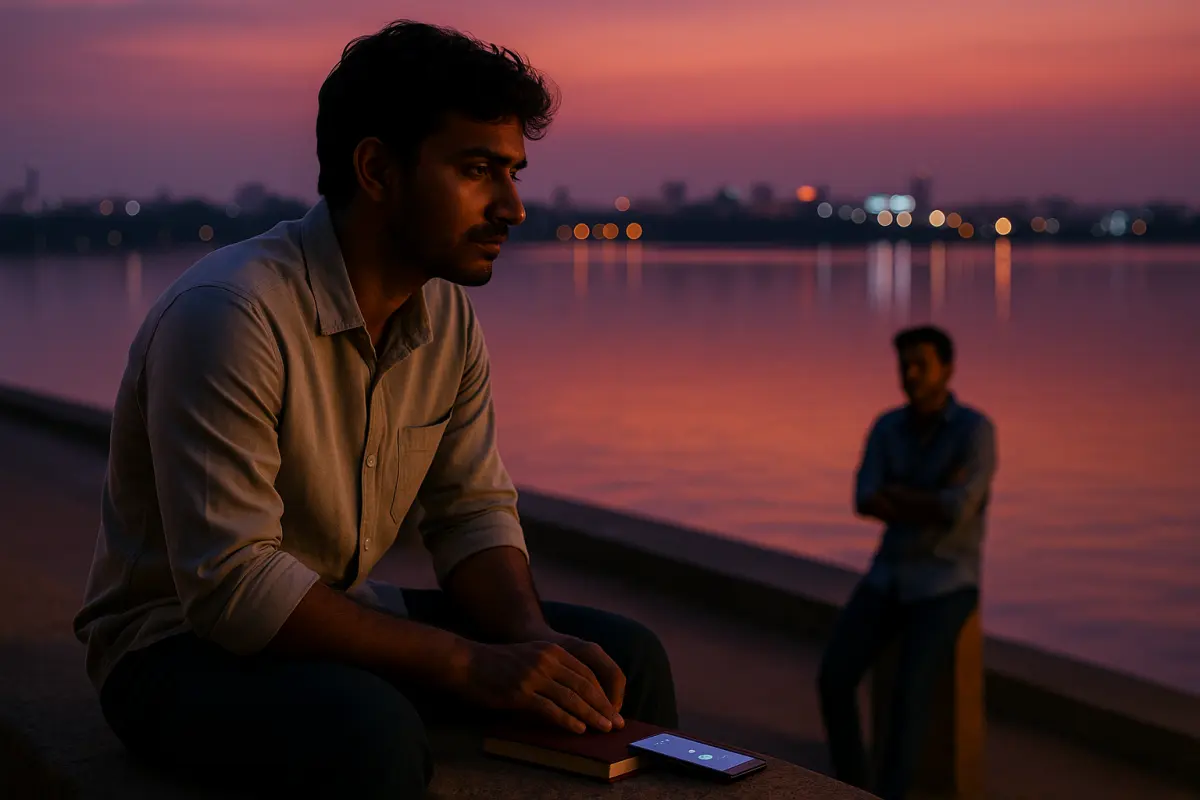 "హుస్సేన్ సాగర్ దగ్గర సూర్యాస్తమయం సమయంలో ఒంటరిగా కూర్చుని ఆలోచనల్లో మునిగిపోయిన యువకుడు – సైలెంట్ సఫరింగ్ & ఓవర్‌థింకింగ్ సింబల్"