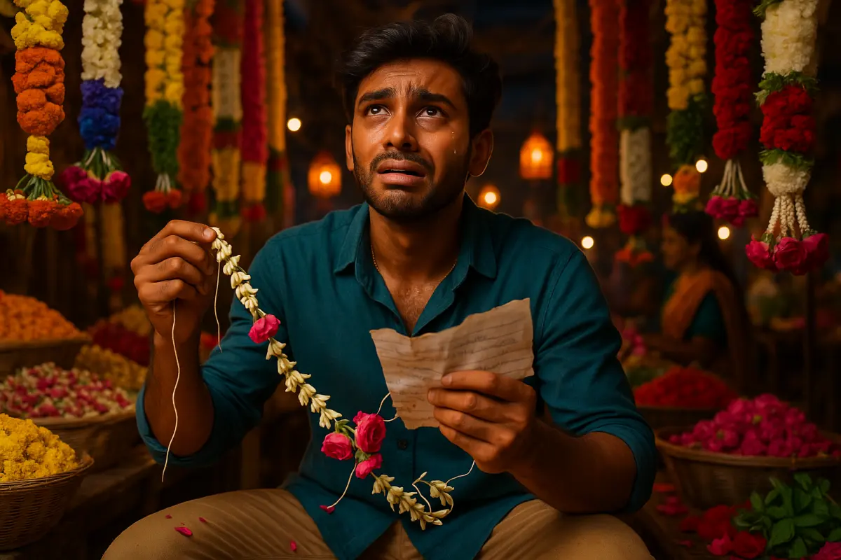 నీలిరంగు చొక్కా వేసుకున్న యువకుడు చేతిలో గులాబీ పూలతో కూడిన మాలిక మరియు లేఖ పట్టుకుని ఆలోచనాత్మకంగా కూర్చుని ఉన్న దృశ్యం, వెనుక రంగురంగుల పూల మార్కెట్ వాతావరణంలో