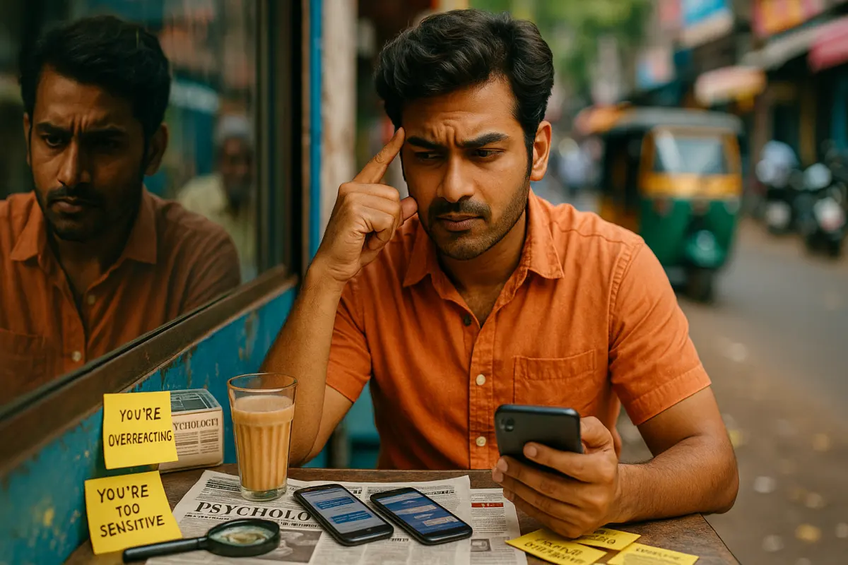టీ షాప్‌లో కూర్చుని ఫోన్ చూస్తూ తల పట్టుకున్న వ్యక్తి, టేబుల్‌పై "YOU'RE OVERREACTING", "YOU'RE TOO SENSITIVE" అని రాసిన స్టిక్కీ నోట్స్ మరియు "PSYCHOLOGY" వార్తాపత్రికతో కూడిన దృశ్యం