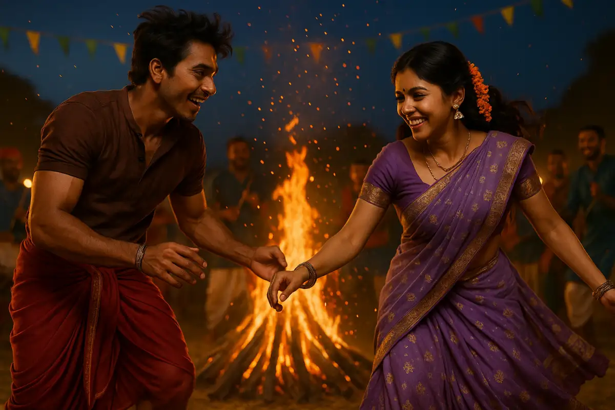 భోగి మంట చుట్టూ డాన్స్ చేస్తూ హ్యాపీగా నవ్వుకుంటున్న యువ జంట, వెనుక పండుగ వాతావరణంలో జనం