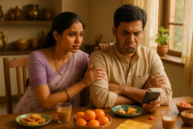 ఓ మహిళ తియ్యని చిరునవ్వుతో, ఉదయపు టిఫిన్ సమయంలో మొగుడి కోపాన్ని ఓదార్చే ప్రయత్నంలో ఉంది. అతను ఫోన్ చూస్తూ ముఖం మాడ్చుకున్నాడు.