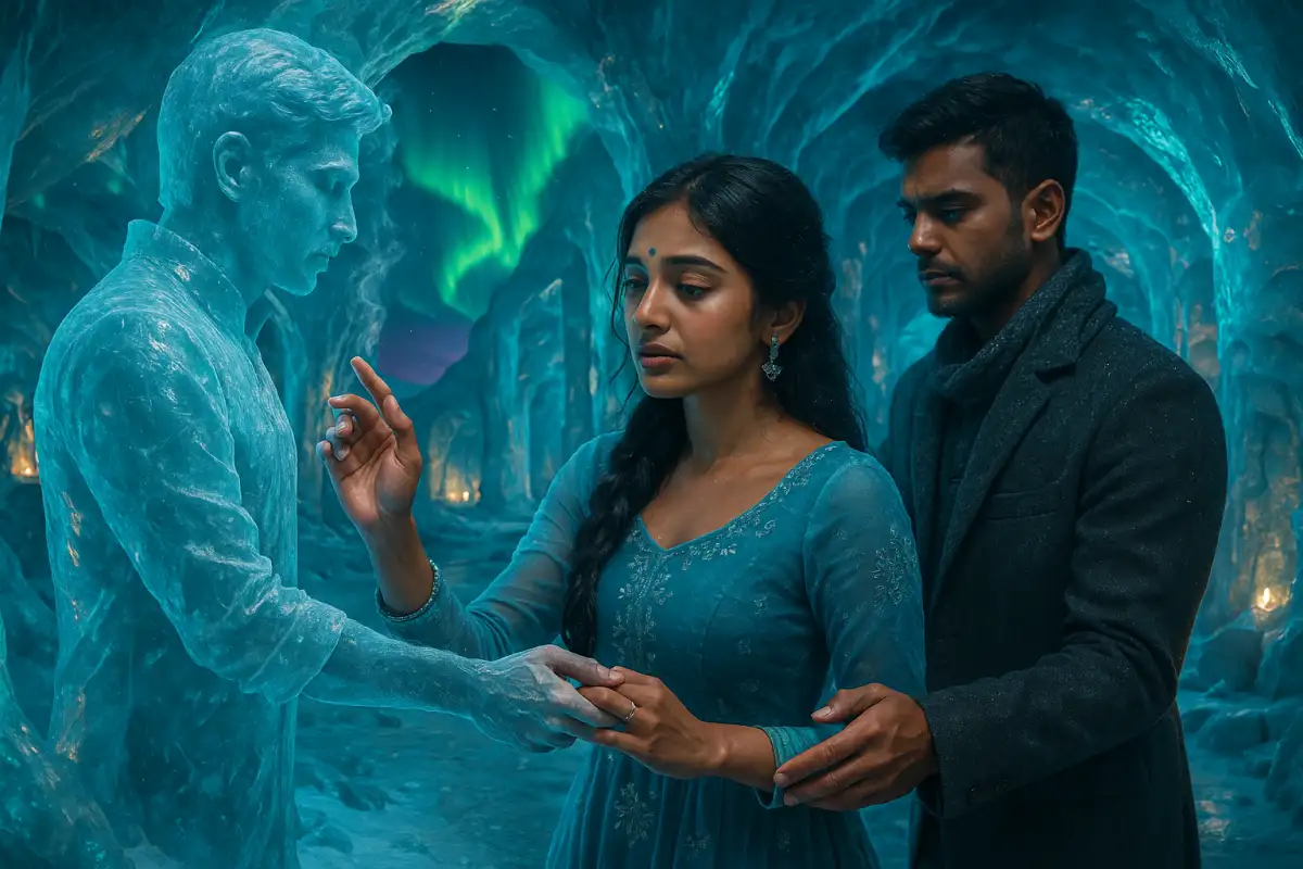 ఒక మహిళ గుండెతట్టే క్షణంలో ఒక ఐస్‌గా మారిన వ్యక్తిని తాకే ప్రయత్నం చేస్తూ, ఆమెను వెనుక నుంచి అర్థం చేసుకునే another man ఉండే ఎమోషనల్ ఫాంటసీ సీన్. నేపథ్యంగా ఐస్ క్యావ్, నార్తరన్ లైట్స్ మెరుస్తున్న దృశ్యం