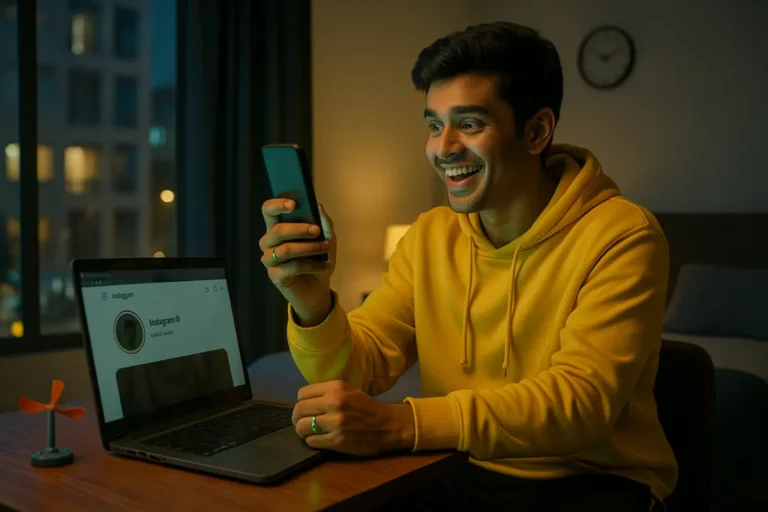 "ల్యాప్‌టాప్ ముందు కూర్చుని ఫోన్‌లో ఇన్‌స్టాగ్రామ్ చూస్తూ ఎగ్జైటెడ్‌గా నవ్వుతున్న యువకుడు – ఆన్‌లైన్ స్టేటస్‌కి ఎమోషనల్‌గా రియాక్ట్ అవుతున్న సింబల్"