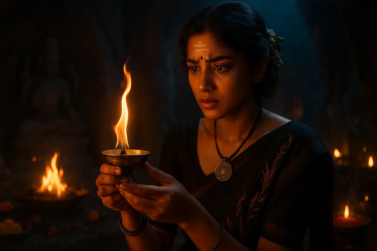 నల్లని చీర కట్టుకున్న యువతి చేతిలో కాంస్య దీపం పట్టుకుని ఆలోచనాత్మక భావంతో కూర్చుని ఉన్న దృశ్యం, వెనుక దీపాలు వెలుగుతున్న ఆధ్యాత్మిక వాతావరణంలో