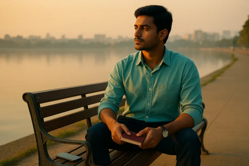 "హుస్సేన్ సాగర్ దగ్గర బెంచ్ మీద కూర్చుని పుస్తకం పట్టుకుని లోతుగా ఆలోచిస్తున్న యువకుడు – ఎమోషన్స్‌ని వేరుగా చూడటం"